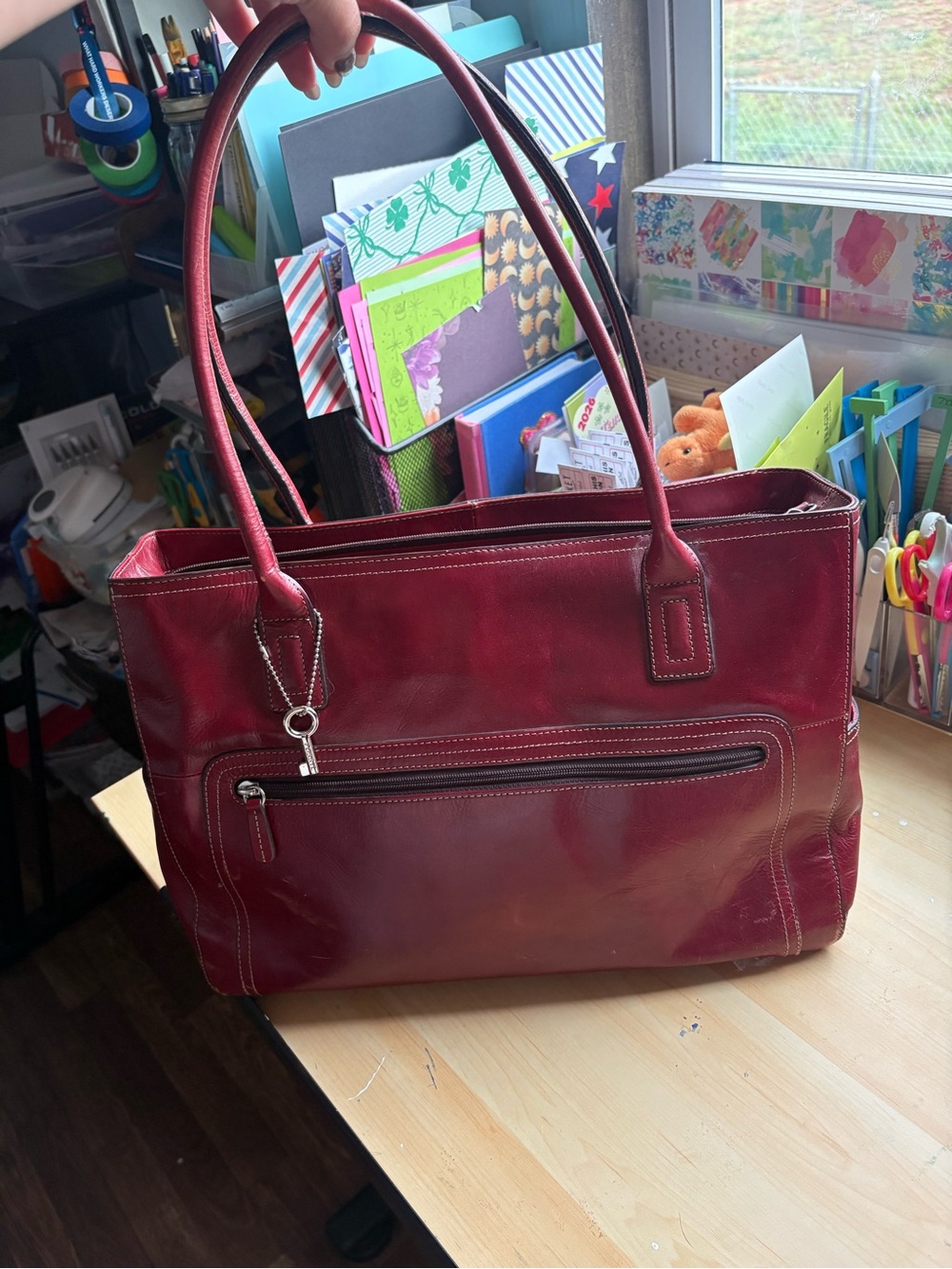 Fossil Deep Red Leather Tote with Front Zip Pocket
